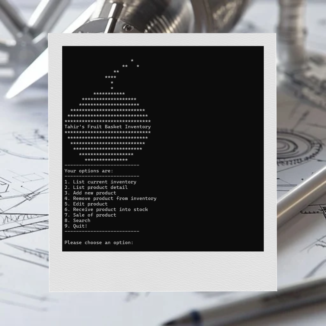 Terminal running the Fruit Basket Inventory program, showing the ASCII basket and menu